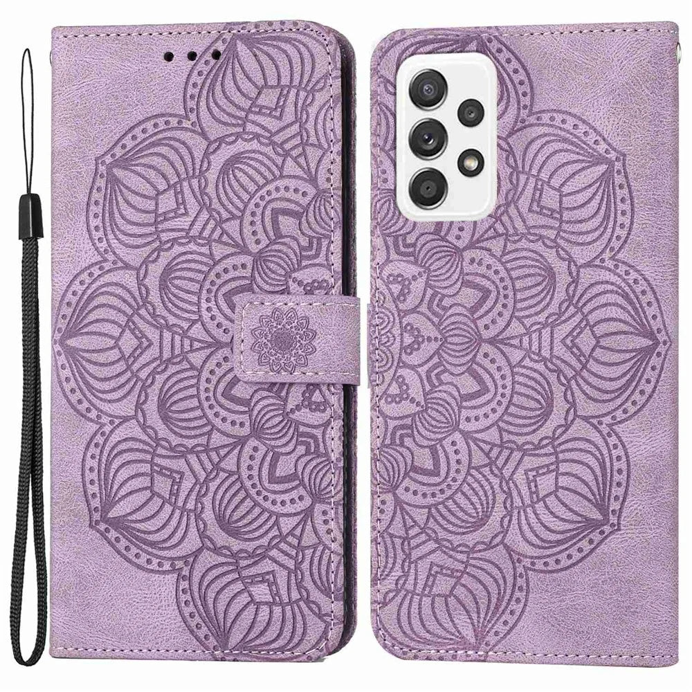 For Samsung Galaxy A52 5G/4G/A52s 5G Magnetic Clasp PU Leather Stand Mandala Flower Imprinted Phone Case Shockproof Mobile Phone Wallet Cover - Purple - 1