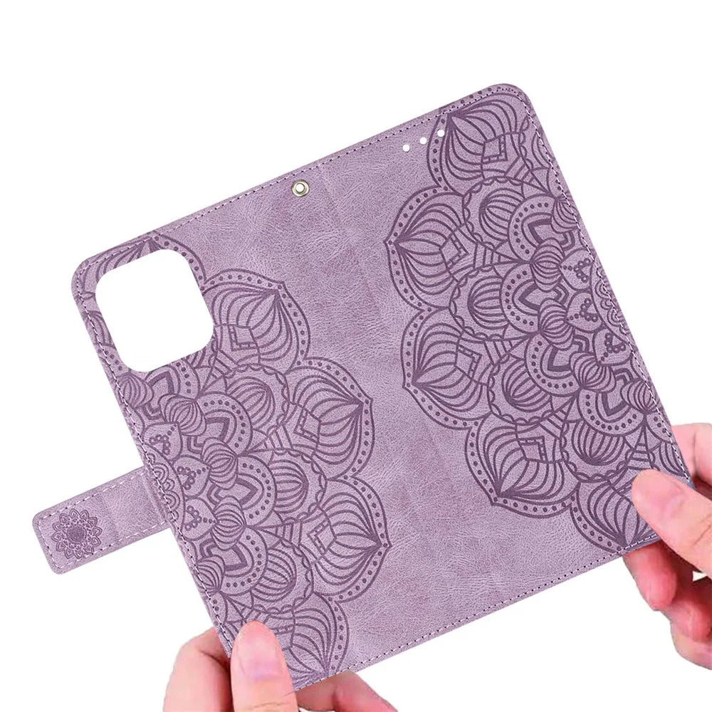 For Samsung Galaxy A52 5G/4G/A52s 5G Magnetic Clasp PU Leather Stand Mandala Flower Imprinted Phone Case Shockproof Mobile Phone Wallet Cover - Purple - 4