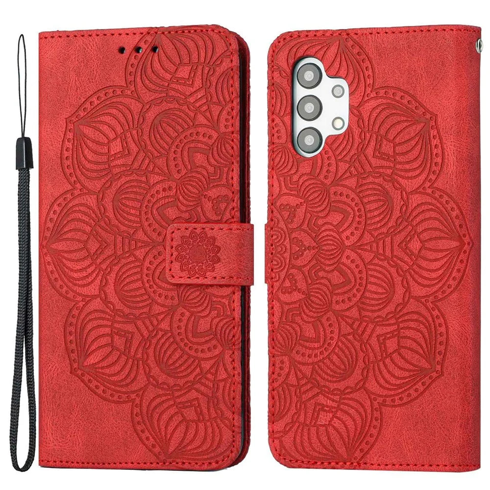 For Samsung Galaxy A13 4G Mandala Flower Imprinted Shockproof Phone Case PU Leather Stand Wallet Phone Shell - Red - 1
