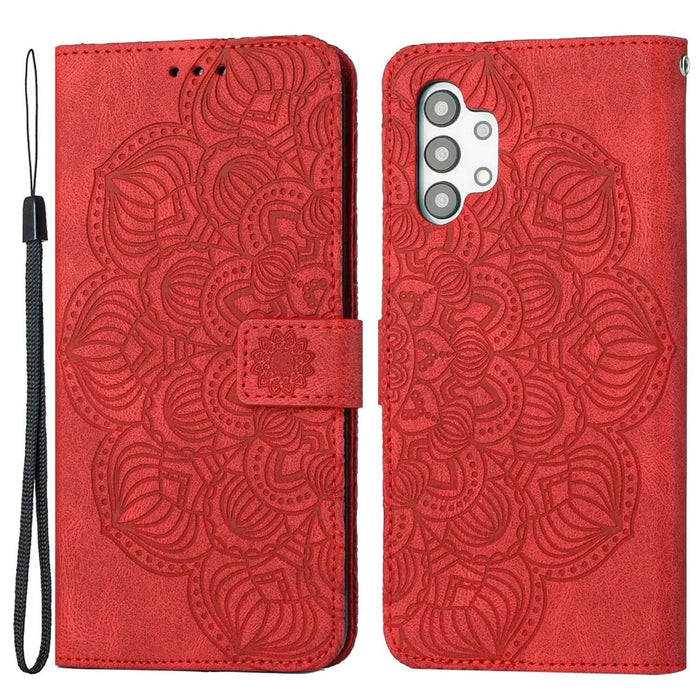 For Samsung Galaxy A13 4G Mandala Flower Imprinted Shockproof Phone Case PU Leather Stand Wallet Phone Shell - Red - 1