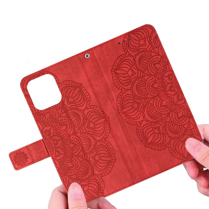 For Samsung Galaxy A13 4G Mandala Flower Imprinted Shockproof Phone Case PU Leather Stand Wallet Phone Shell - Red - 4