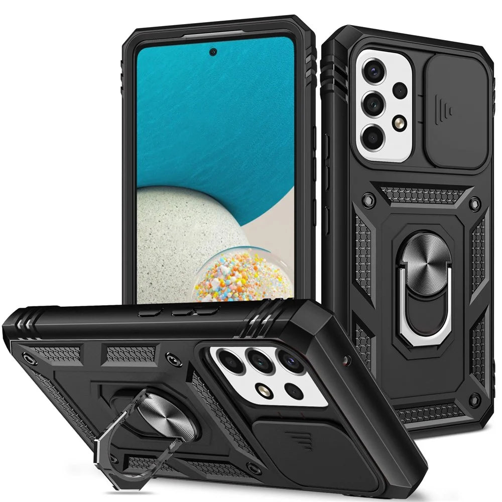 For Samsung Galaxy A53 5G Built-in Kickstand Sliding Camera Cover PC+TPU Phone Case Shockproof Cover with Card Slot - Black - 1