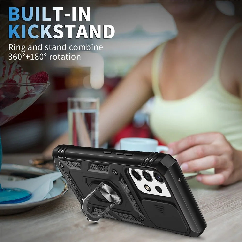 For Samsung Galaxy A53 5G Built-in Kickstand Sliding Camera Cover PC+TPU Phone Case Shockproof Cover with Card Slot - Black - 2