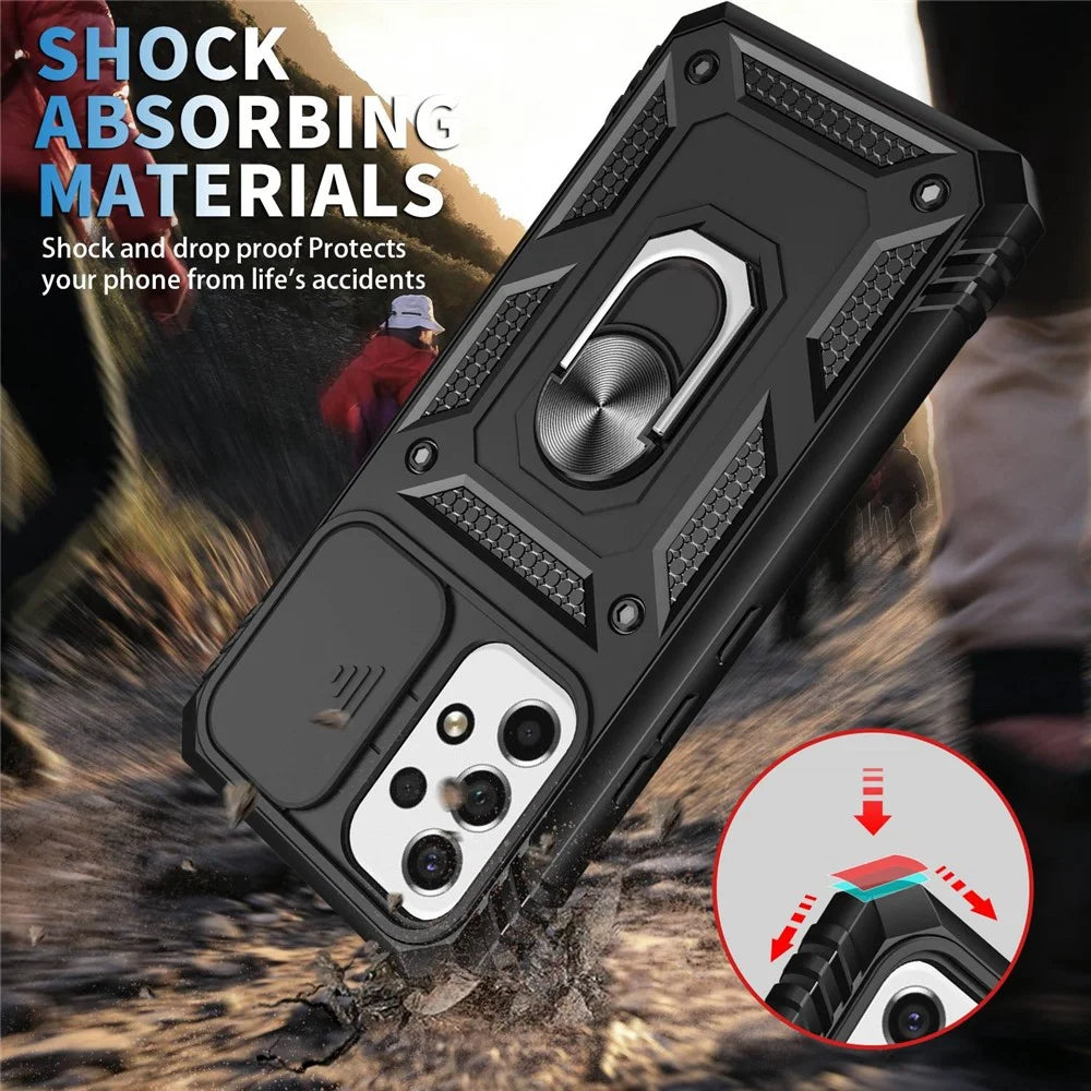 For Samsung Galaxy A53 5G Built-in Kickstand Sliding Camera Cover PC+TPU Phone Case Shockproof Cover with Card Slot - Black - 3