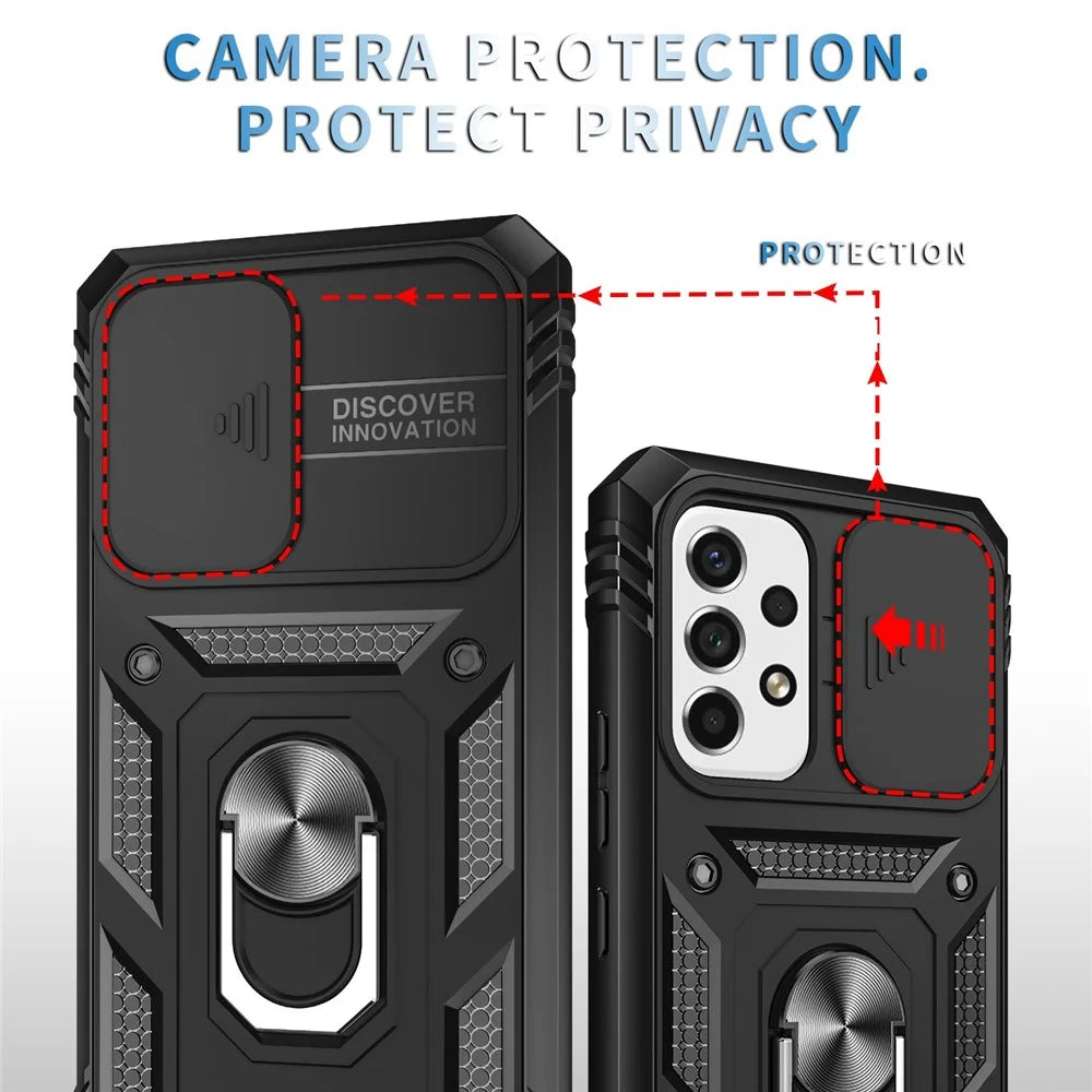 For Samsung Galaxy A53 5G Built-in Kickstand Sliding Camera Cover PC+TPU Phone Case Shockproof Cover with Card Slot - Black - 5