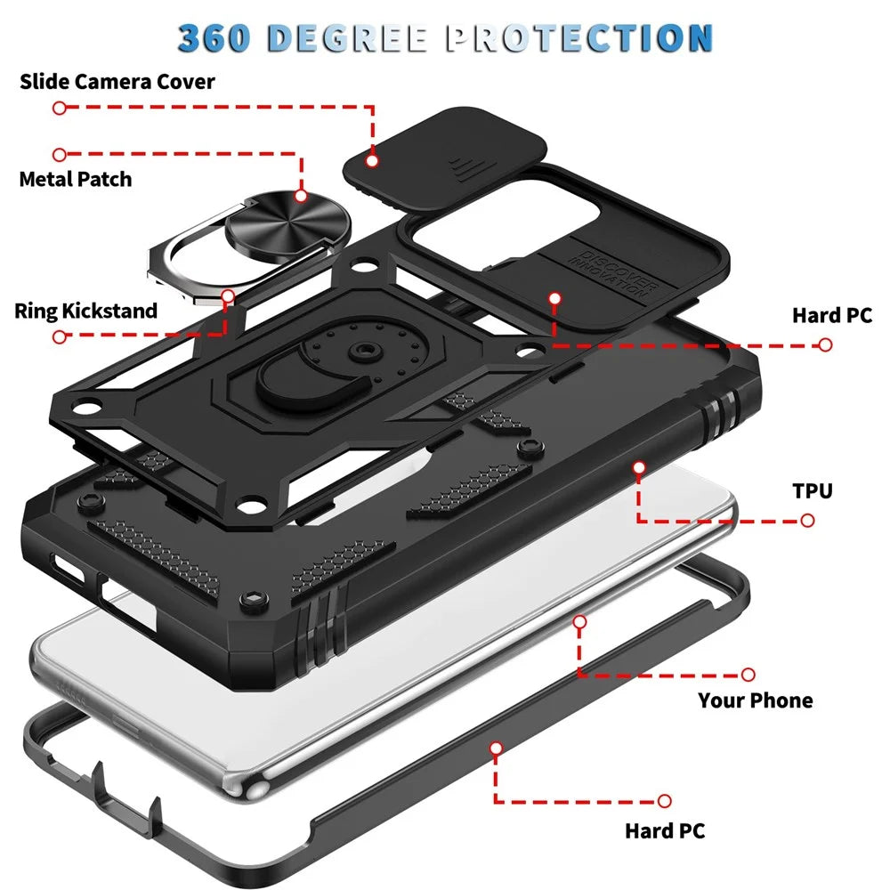 For Samsung Galaxy A53 5G Built-in Kickstand Sliding Camera Cover PC+TPU Phone Case Shockproof Cover with Card Slot - Black - 6