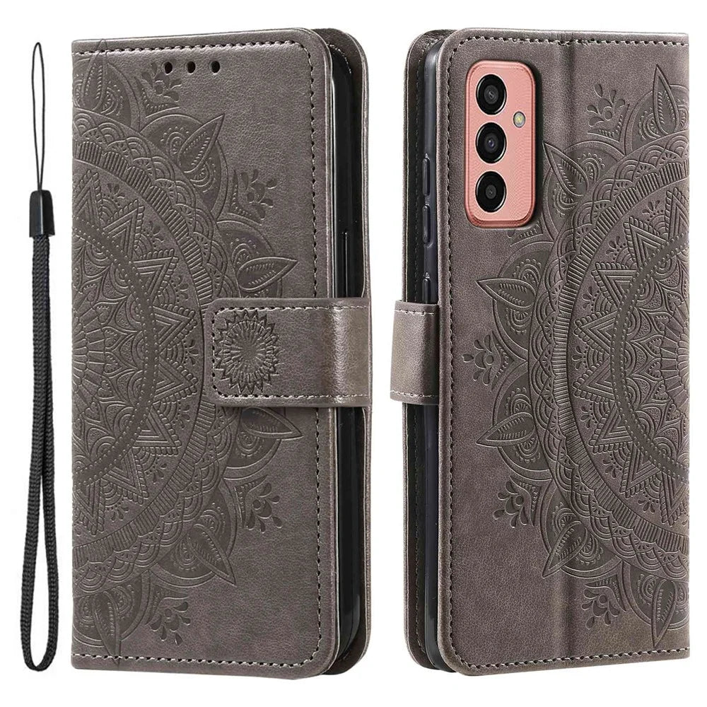 For Samsung Galaxy M13 4G Scratch Resistant Folio Stand Cover Mandala Flower Pattern Imprinted PU Leather Wallet Flip Case with Wrist Strap - Grey - 1