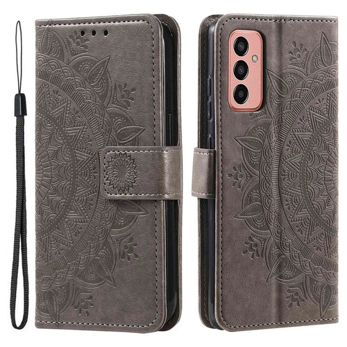 For Samsung Galaxy M13 4G Scratch Resistant Folio Stand Cover Mandala Flower Pattern Imprinted PU Leather Wallet Flip Case with Wrist Strap - Grey - 1