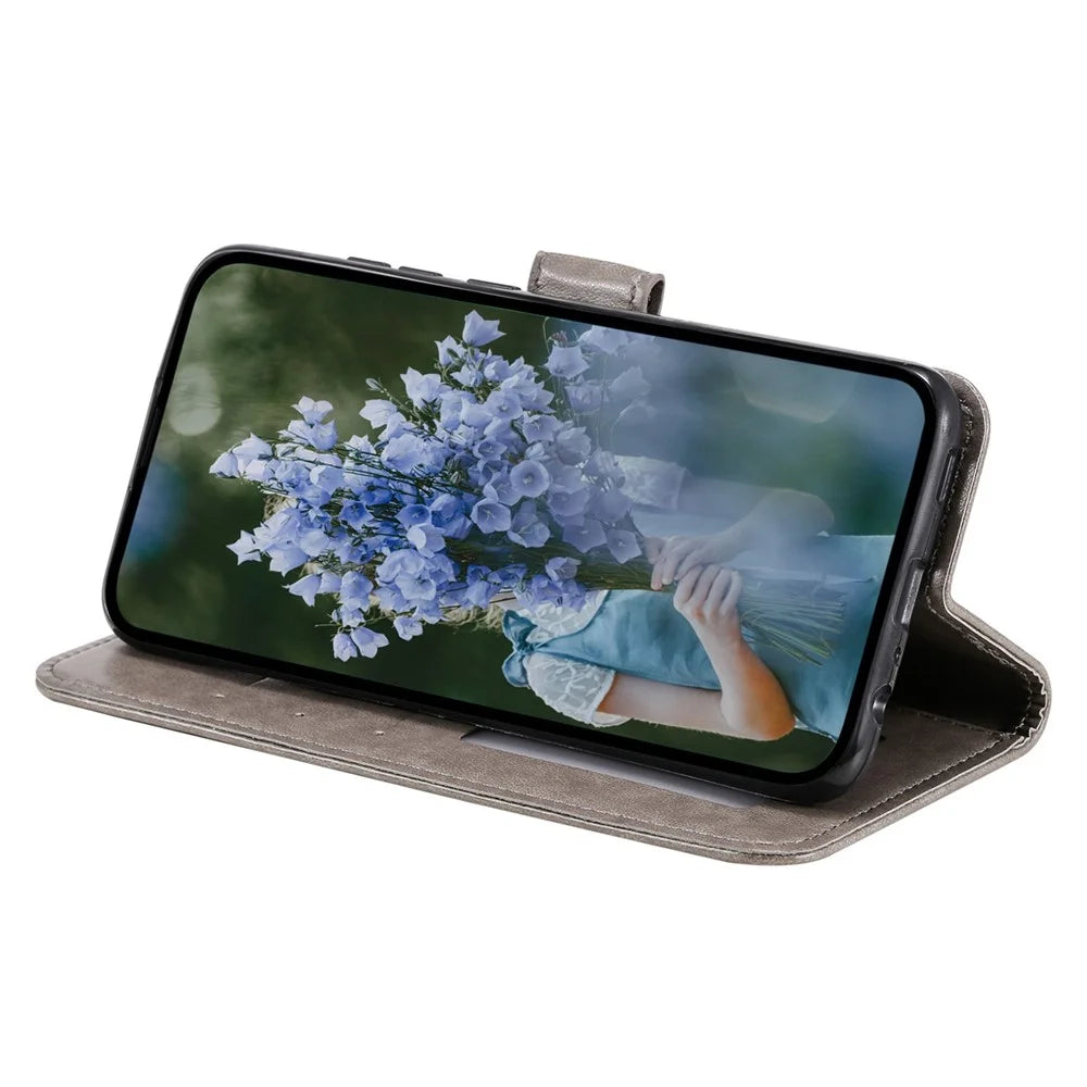 For Samsung Galaxy M13 4G Scratch Resistant Folio Stand Cover Mandala Flower Pattern Imprinted PU Leather Wallet Flip Case with Wrist Strap - Grey - 3