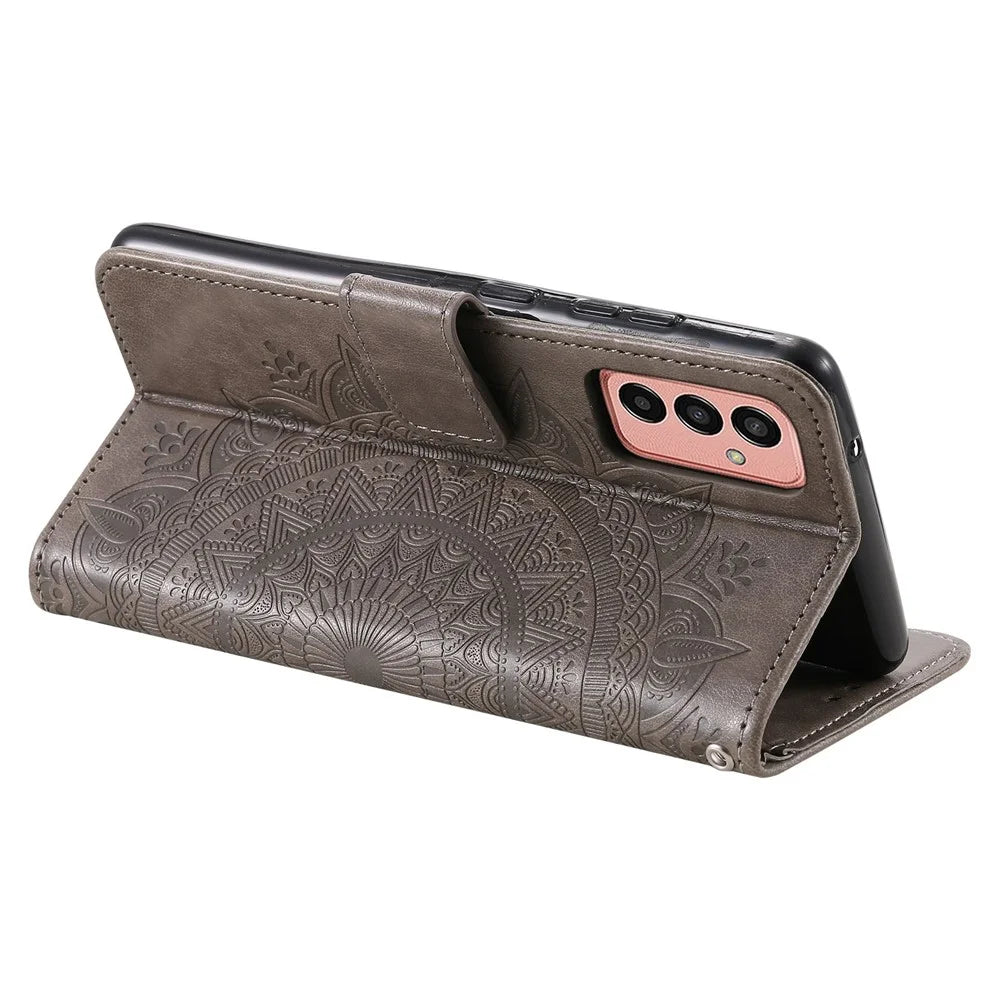 For Samsung Galaxy M13 4G Scratch Resistant Folio Stand Cover Mandala Flower Pattern Imprinted PU Leather Wallet Flip Case with Wrist Strap - Grey - 4