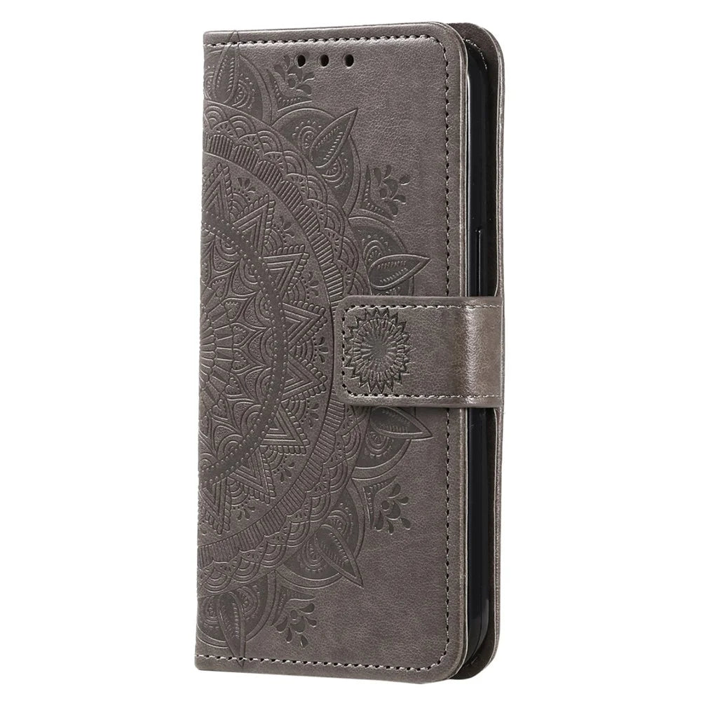 For Samsung Galaxy M13 4G Scratch Resistant Folio Stand Cover Mandala Flower Pattern Imprinted PU Leather Wallet Flip Case with Wrist Strap - Grey - 5