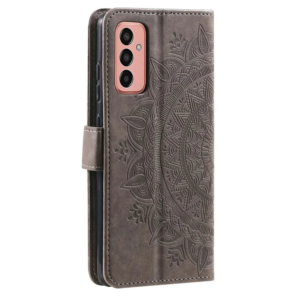 For Samsung Galaxy M13 4G Scratch Resistant Folio Stand Cover Mandala Flower Pattern Imprinted PU Leather Wallet Flip Case with Wrist Strap - Grey - 6