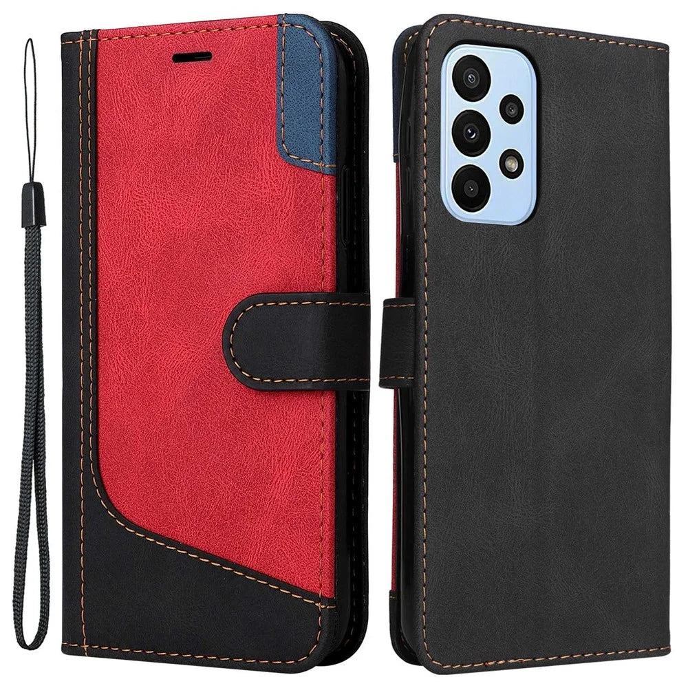 For Samsung Galaxy A23 5G (Global Version) / 4G Mobile Phone Bag Shell PU Leather Wallet Stand Three-color Splicing Style Phone Protection Case - Black - 1