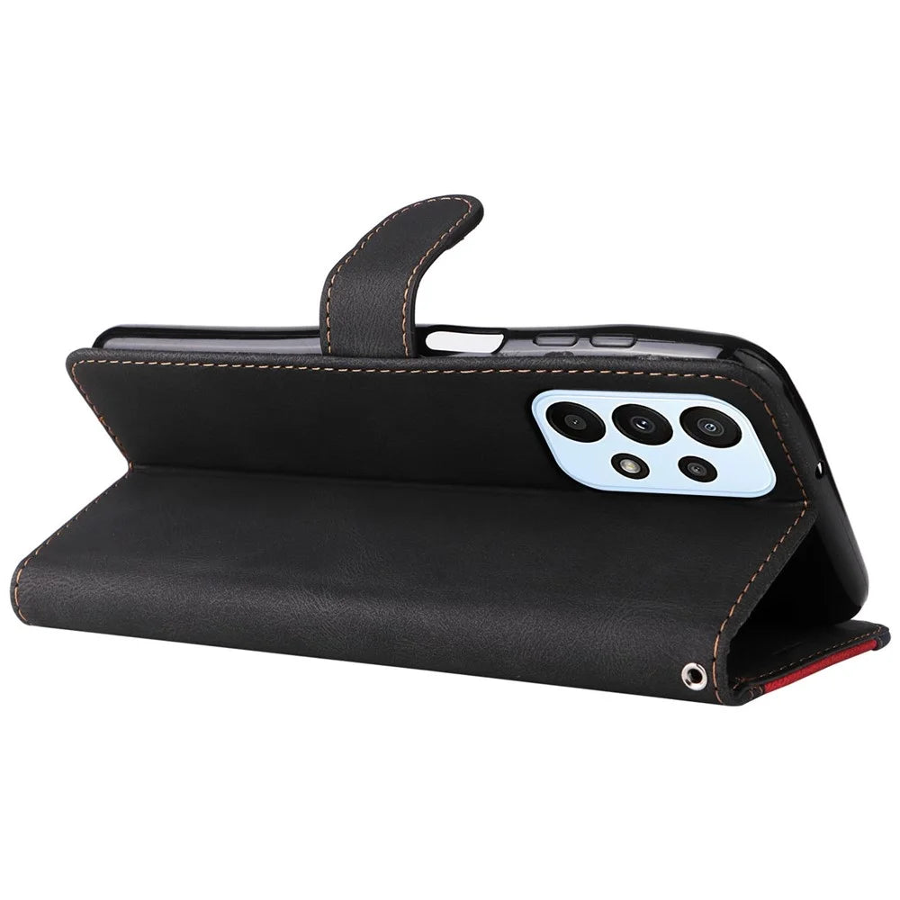 For Samsung Galaxy A23 5G (Global Version) / 4G Mobile Phone Bag Shell PU Leather Wallet Stand Three-color Splicing Style Phone Protection Case - Black - 4