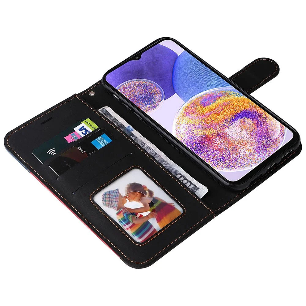 For Samsung Galaxy A23 5G (Global Version) / 4G Mobile Phone Bag Shell PU Leather Wallet Stand Three-color Splicing Style Phone Protection Case - Black - 5