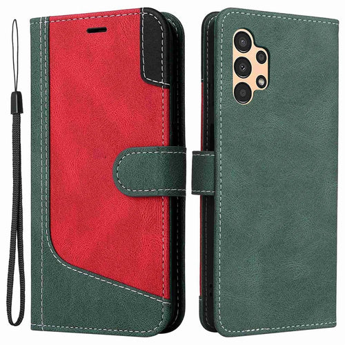 For Samsung Galaxy A13 4G Three-color Splicing PU Leather Case Wallet Stand Full Body Anti-Scratch Protective Cover with Strap - Green - 1