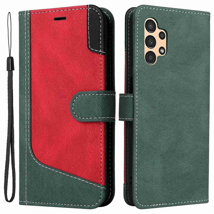 For Samsung Galaxy A13 4G Three-color Splicing PU Leather Case Wallet Stand Full Body Anti-Scratch Protective Cover with Strap - Green - 1