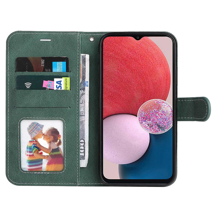 For Samsung Galaxy A13 4G Three-color Splicing PU Leather Case Wallet Stand Full Body Anti-Scratch Protective Cover with Strap - Green - 2