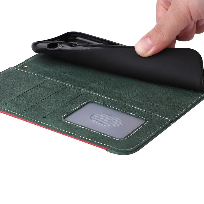 For Samsung Galaxy A13 4G Three-color Splicing PU Leather Case Wallet Stand Full Body Anti-Scratch Protective Cover with Strap - Green - 6