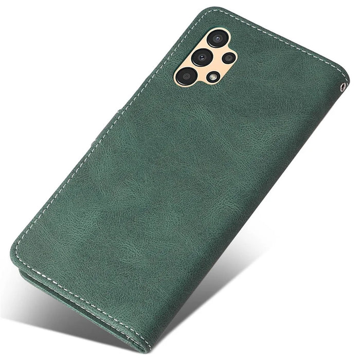 For Samsung Galaxy A13 4G Three-color Splicing PU Leather Case Wallet Stand Full Body Anti-Scratch Protective Cover with Strap - Green - 7