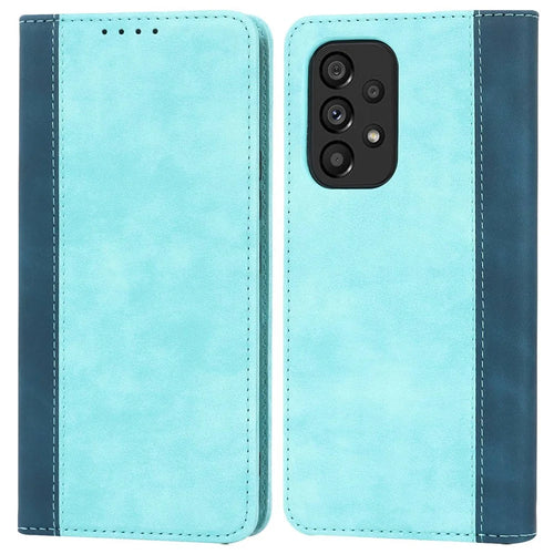 For Samsung Galaxy A53 5G Bi-color Splicing Magnetic Auto-absorbed PU Leather Phone Case with Wallet Stand -  Light Blue/Dark Blue - 1
