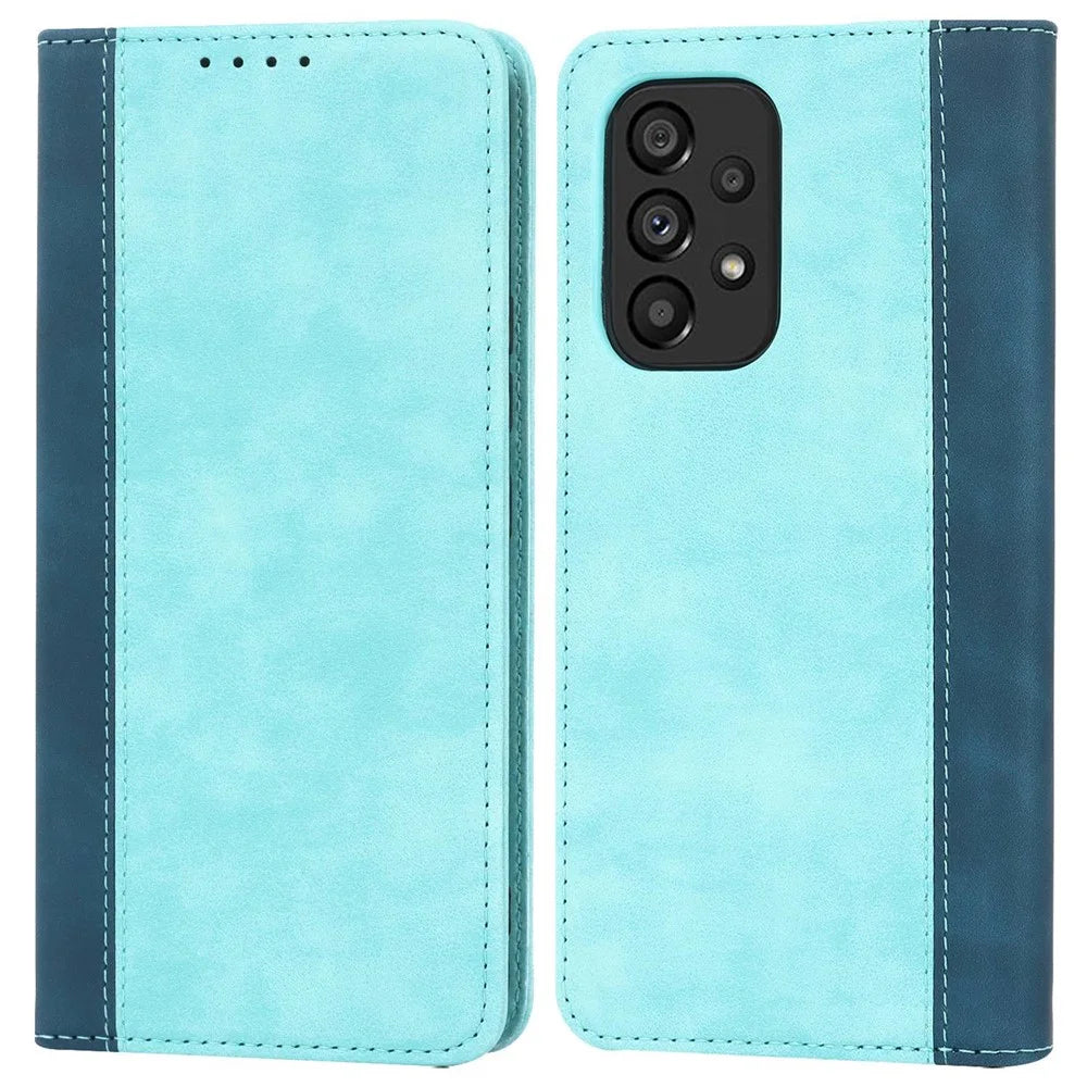 For Samsung Galaxy A53 5G Bi-color Splicing Magnetic Auto-absorbed PU Leather Phone Case with Wallet Stand -  Light Blue/Dark Blue - 1