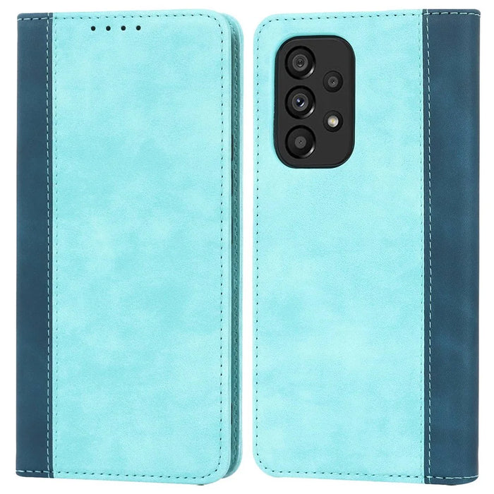 For Samsung Galaxy A53 5G Bi-color Splicing Magnetic Auto-absorbed PU Leather Phone Case with Wallet Stand -  Light Blue/Dark Blue - 1