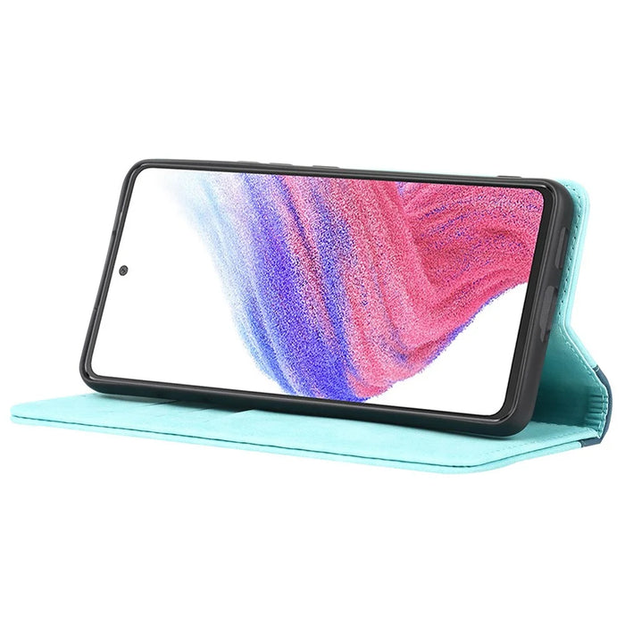 For Samsung Galaxy A53 5G Bi-color Splicing Magnetic Auto-absorbed PU Leather Phone Case with Wallet Stand -  Light Blue/Dark Blue - 3
