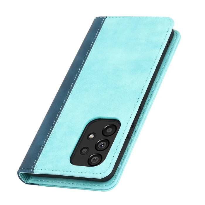 For Samsung Galaxy A53 5G Bi-color Splicing Magnetic Auto-absorbed PU Leather Phone Case with Wallet Stand -  Light Blue/Dark Blue - 6
