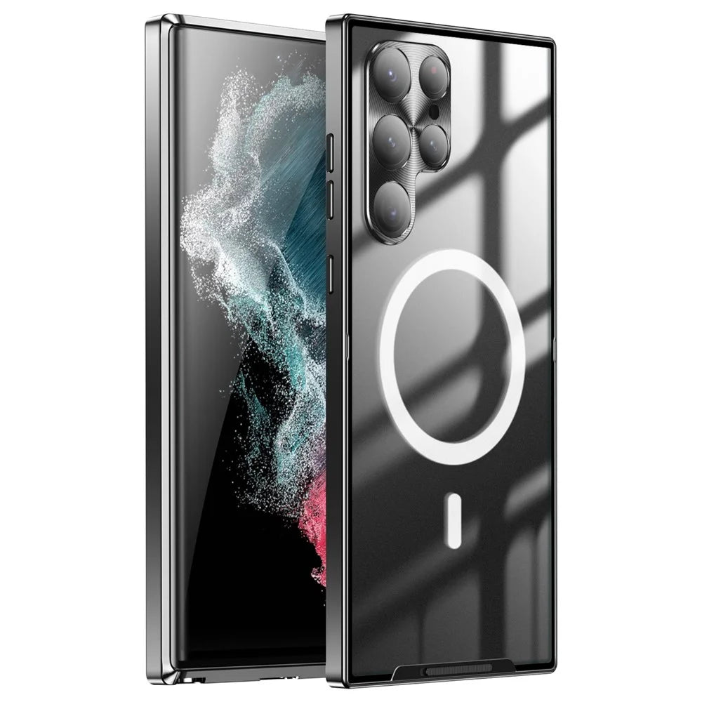 For Samsung Galaxy S22 Ultra 5G Magnetic Adsorption Matte Phone Cover TPU Back + Metal Edge Integrated Lens Protection Drop-proof Case - Black - 1