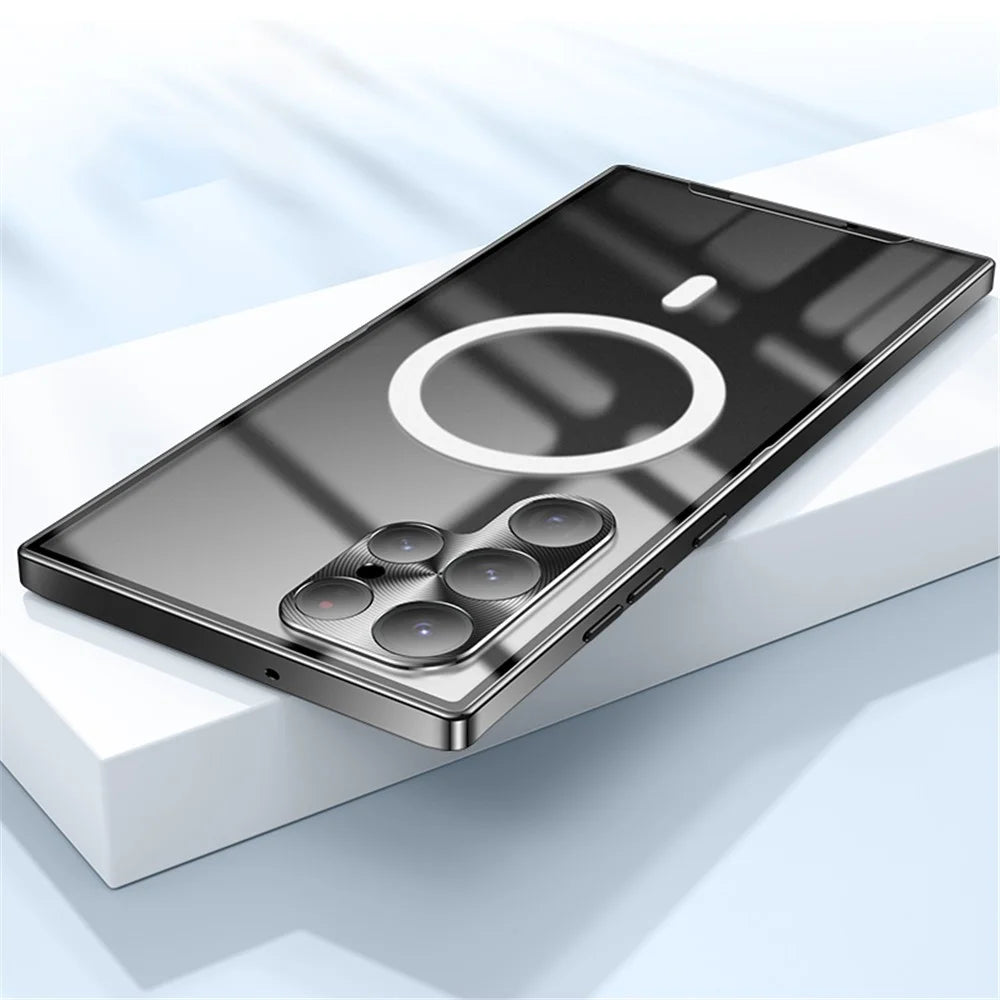 For Samsung Galaxy S22 Ultra 5G Magnetic Adsorption Matte Phone Cover TPU Back + Metal Edge Integrated Lens Protection Drop-proof Case - Black - 2