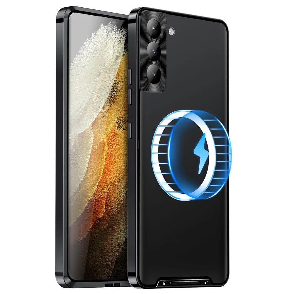 For Samsung Galaxy S21+ 5G Drop-proof Matte Phone Case Magnetic Absorption TPU Back Cover with Metal Edge Integrated Lens Protection - Black - 1