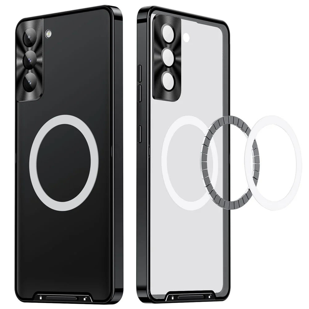 For Samsung Galaxy S21+ 5G Drop-proof Matte Phone Case Magnetic Absorption TPU Back Cover with Metal Edge Integrated Lens Protection - Black - 3