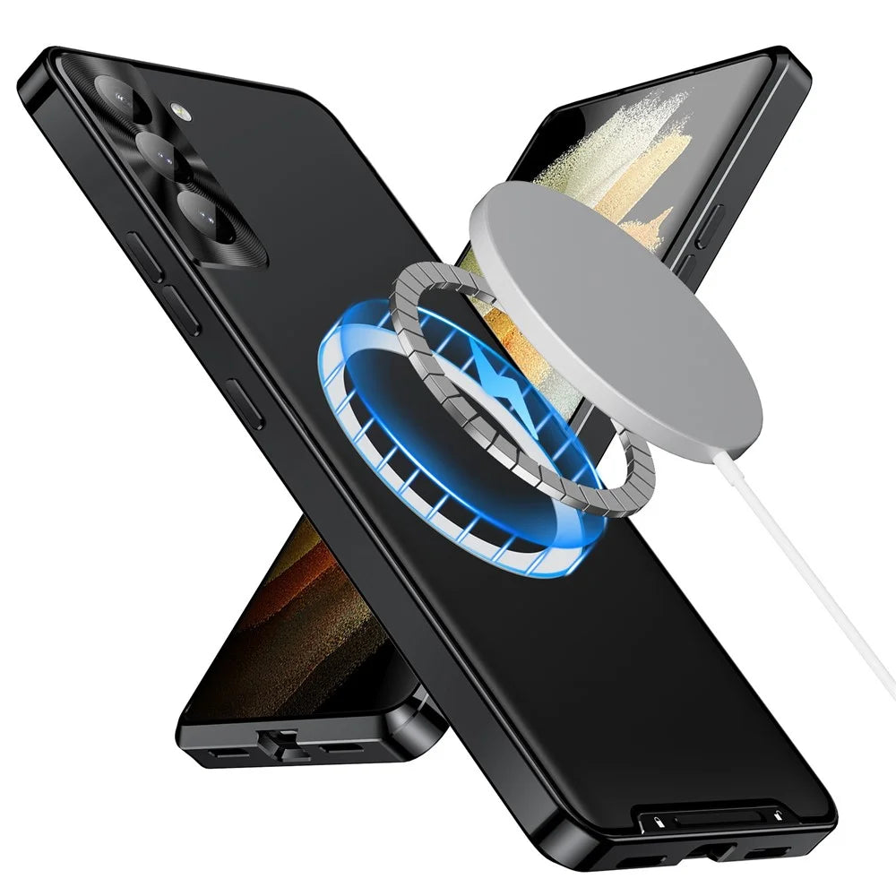 For Samsung Galaxy S21+ 5G Drop-proof Matte Phone Case Magnetic Absorption TPU Back Cover with Metal Edge Integrated Lens Protection - Black - 4