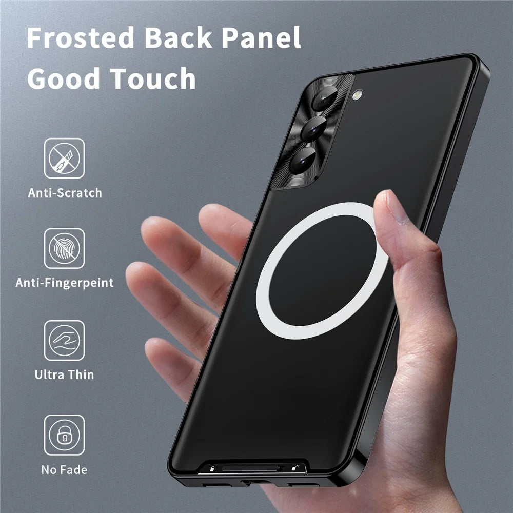 For Samsung Galaxy S21+ 5G Drop-proof Matte Phone Case Magnetic Absorption TPU Back Cover with Metal Edge Integrated Lens Protection - Black - 5