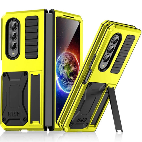 For Samsung Galaxy Z Fold4 5G Anti-shock Phone Case Metal + Silicone + PC Dust-proof Anti-fall Back Cover with Magnetic Kickstand - Yellow - 1