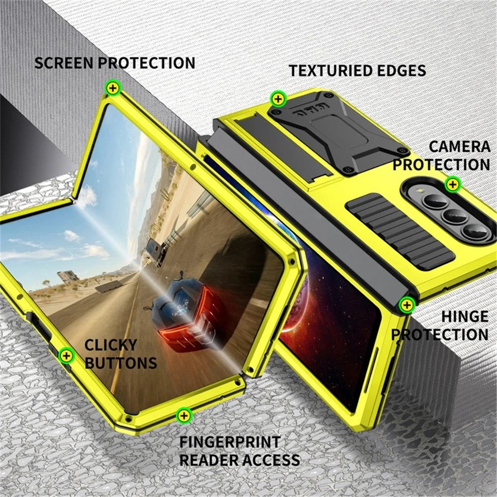 For Samsung Galaxy Z Fold4 5G Anti-shock Phone Case Metal + Silicone + PC Dust-proof Anti-fall Back Cover with Magnetic Kickstand - Yellow - 2