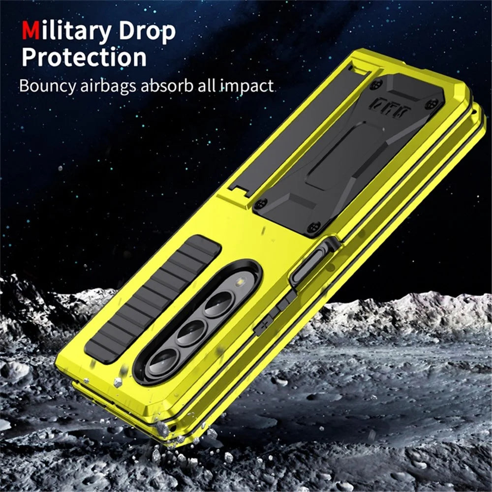 For Samsung Galaxy Z Fold4 5G Anti-shock Phone Case Metal + Silicone + PC Dust-proof Anti-fall Back Cover with Magnetic Kickstand - Yellow - 3