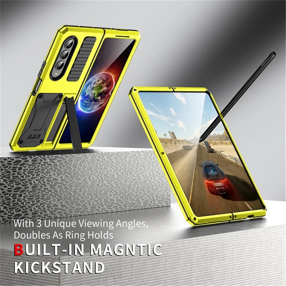 For Samsung Galaxy Z Fold4 5G Anti-shock Phone Case Metal + Silicone + PC Dust-proof Anti-fall Back Cover with Magnetic Kickstand - Yellow - 4