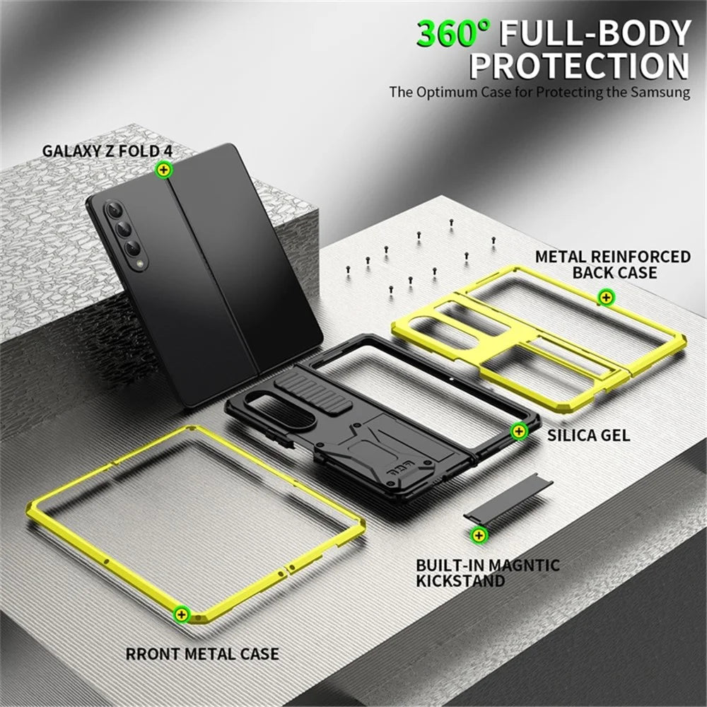 For Samsung Galaxy Z Fold4 5G Anti-shock Phone Case Metal + Silicone + PC Dust-proof Anti-fall Back Cover with Magnetic Kickstand - Yellow - 5