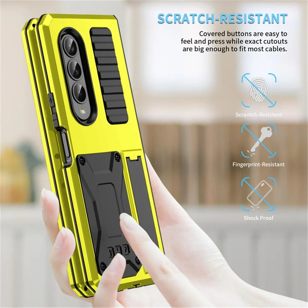 For Samsung Galaxy Z Fold4 5G Anti-shock Phone Case Metal + Silicone + PC Dust-proof Anti-fall Back Cover with Magnetic Kickstand - Yellow - 6