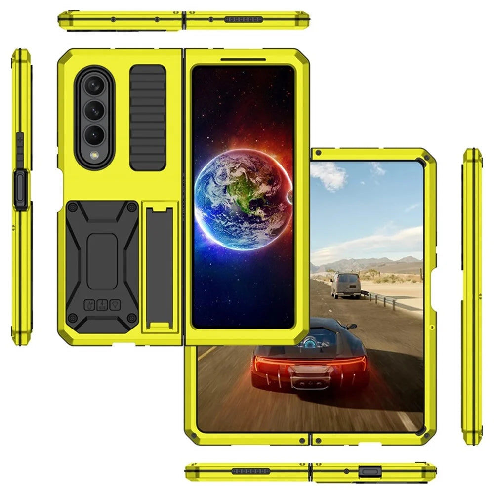 For Samsung Galaxy Z Fold4 5G Anti-shock Phone Case Metal + Silicone + PC Dust-proof Anti-fall Back Cover with Magnetic Kickstand - Yellow - 7