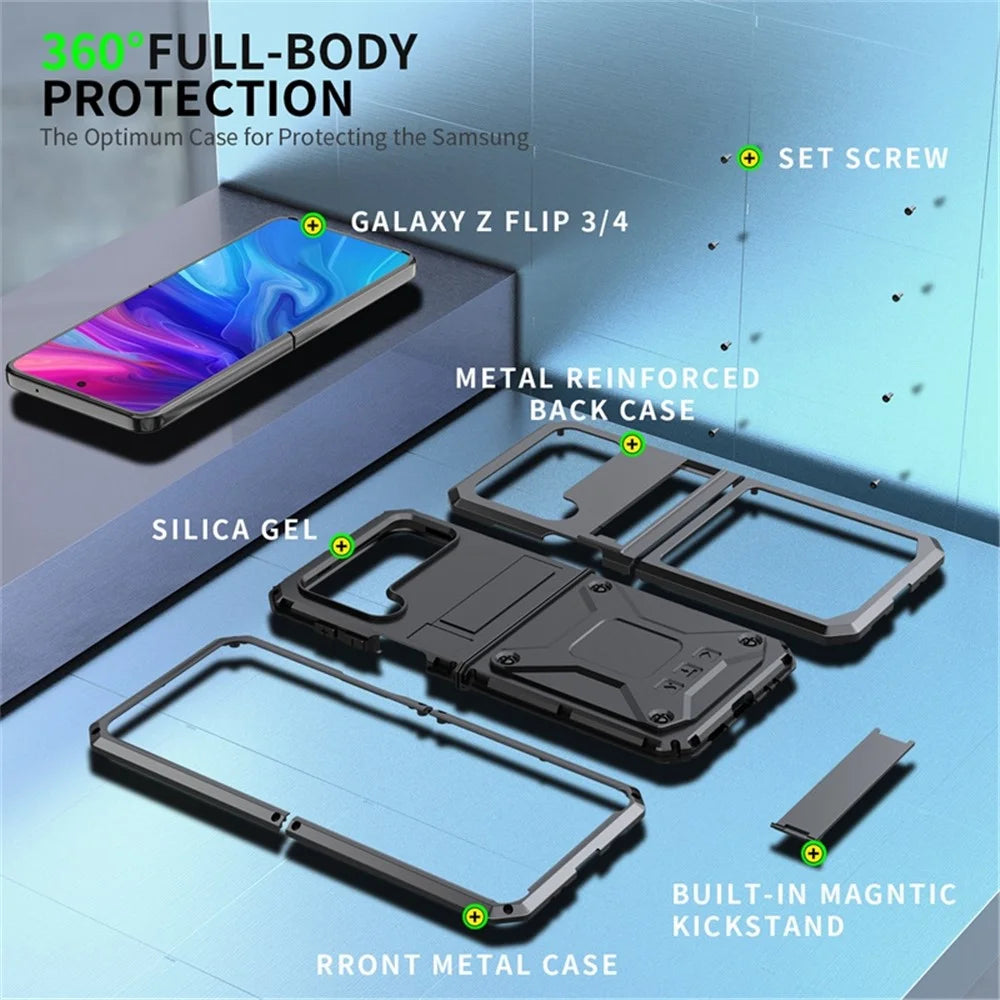 For Samsung Galaxy Z Flip3 5G Dust-proof Drop-proof Phone Case Metal + Silicone + PC Cover with Magnetic Kickstand - Black - 7