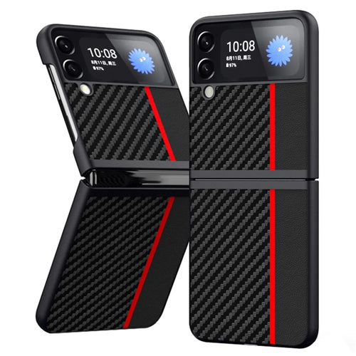 For Samsung Galaxy Z Flip4 5G Carbon Fiber Texture Splicing Matte Ultra-slim Back Cover Leather+PC Anti-wear Phone Case - Red - 1