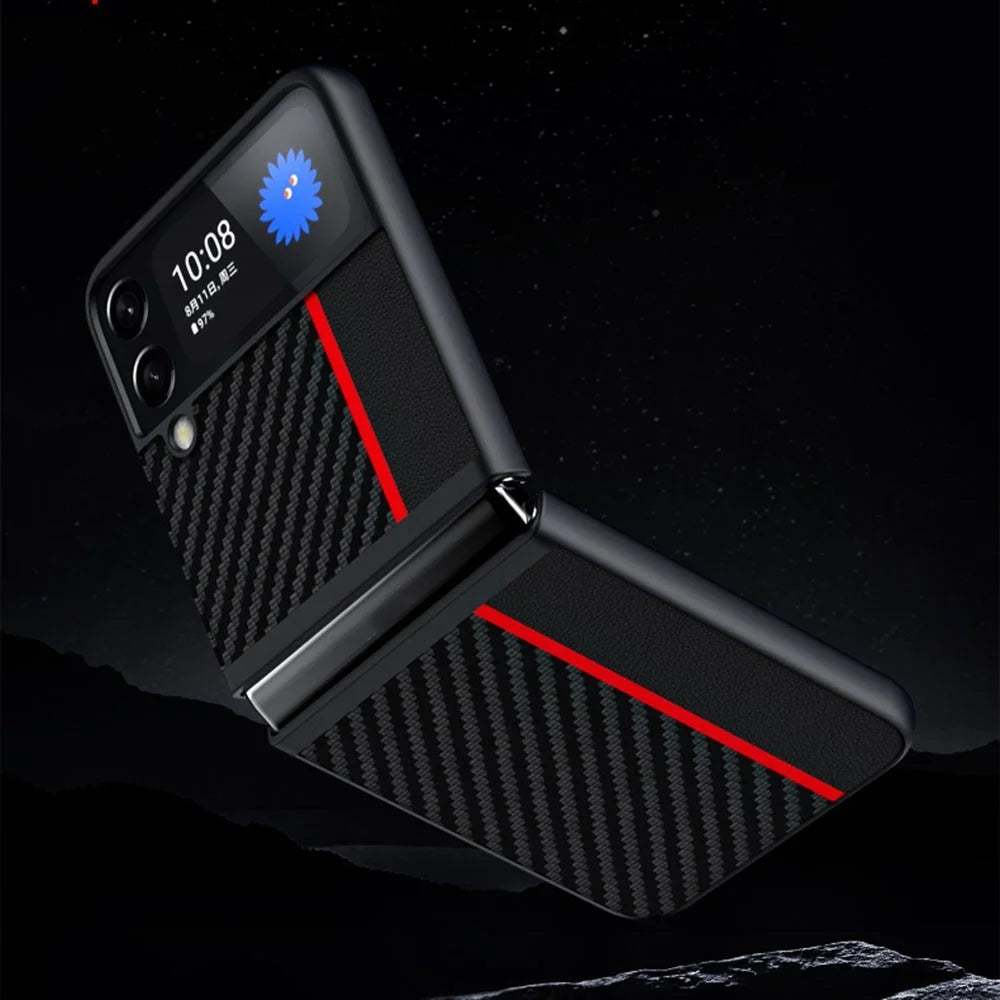 For Samsung Galaxy Z Flip4 5G Carbon Fiber Texture Splicing Matte Ultra-slim Back Cover Leather+PC Anti-wear Phone Case - Red - 2