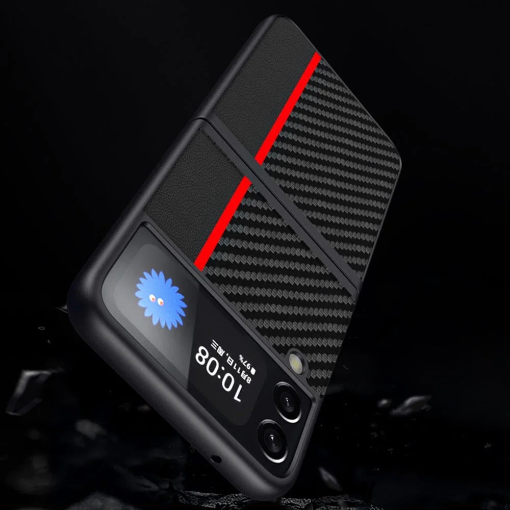 For Samsung Galaxy Z Flip4 5G Carbon Fiber Texture Splicing Matte Ultra-slim Back Cover Leather+PC Anti-wear Phone Case - Red - 5