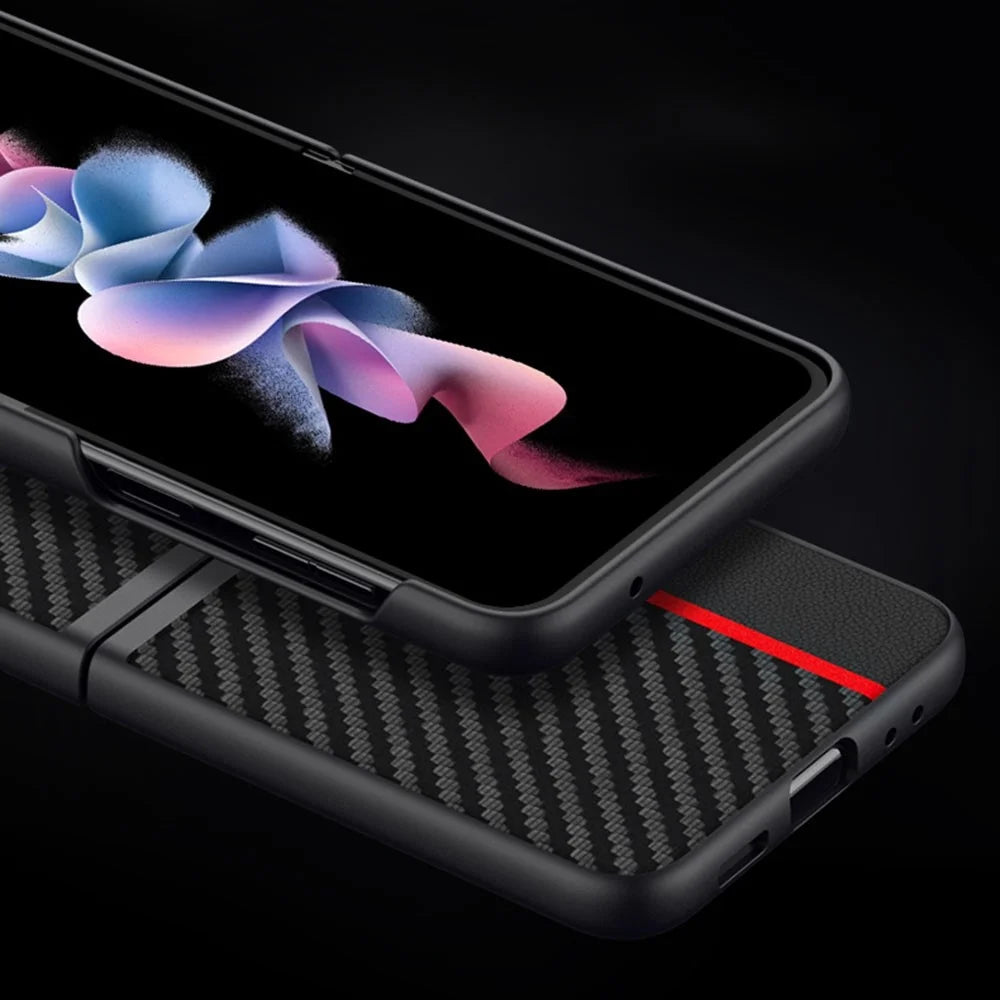 For Samsung Galaxy Z Flip4 5G Carbon Fiber Texture Splicing Matte Ultra-slim Back Cover Leather+PC Anti-wear Phone Case - Red - 6