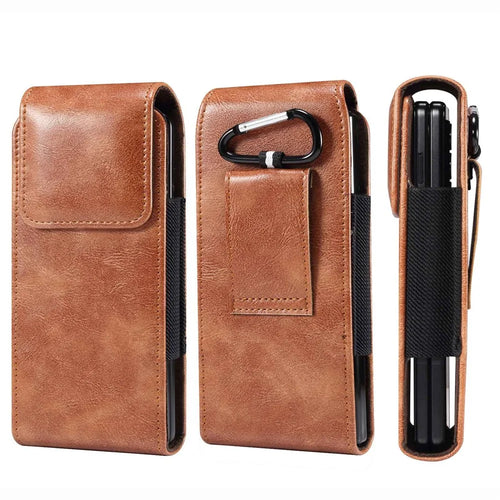 For Samsung Galaxy Z Fold7 5G / Z Fold4 5G / Z Fold3 5G / Huawei Mate X Textured Microfiber Leather Belt Loop Waist Bag Vertical Flip Cellphone Holster Case - Brown - 1