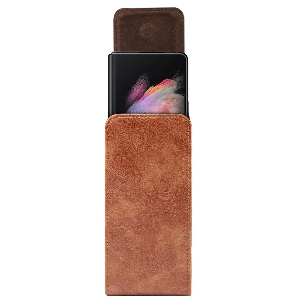For Samsung Galaxy Z Fold7 5G / Z Fold4 5G / Z Fold3 5G / Huawei Mate X Textured Microfiber Leather Belt Loop Waist Bag Vertical Flip Cellphone Holster Case - Brown - 4