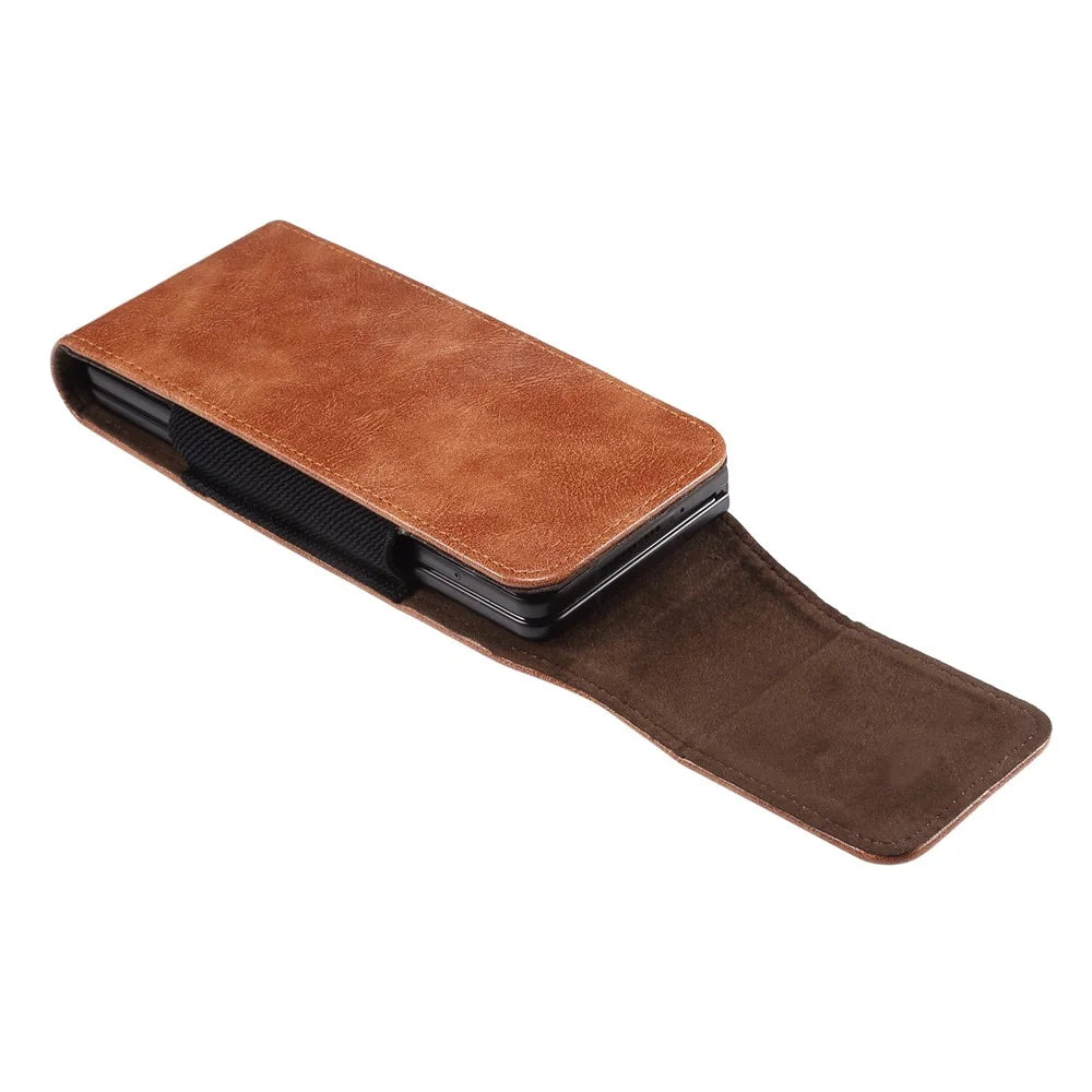 For Samsung Galaxy Z Fold7 5G / Z Fold4 5G / Z Fold3 5G / Huawei Mate X Textured Microfiber Leather Belt Loop Waist Bag Vertical Flip Cellphone Holster Case - Brown - 5